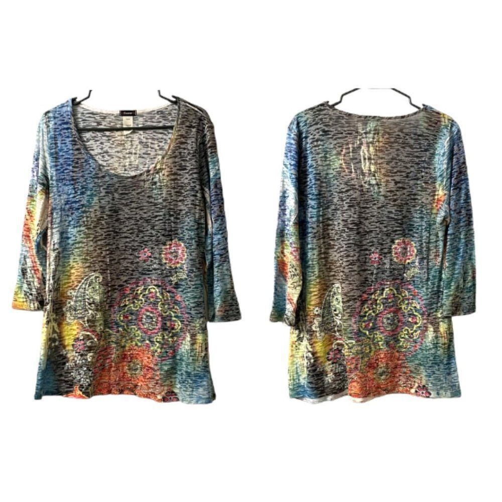 6/$25 Colorful Floral Paisley Sublimation Printed Burnout Tee 3/4 Sleeve XL